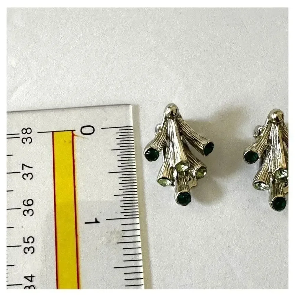 silver green coral branch clip earrings vintage silver